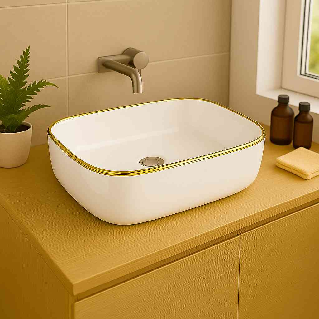 Galera Countertop Basin White & Gold Line