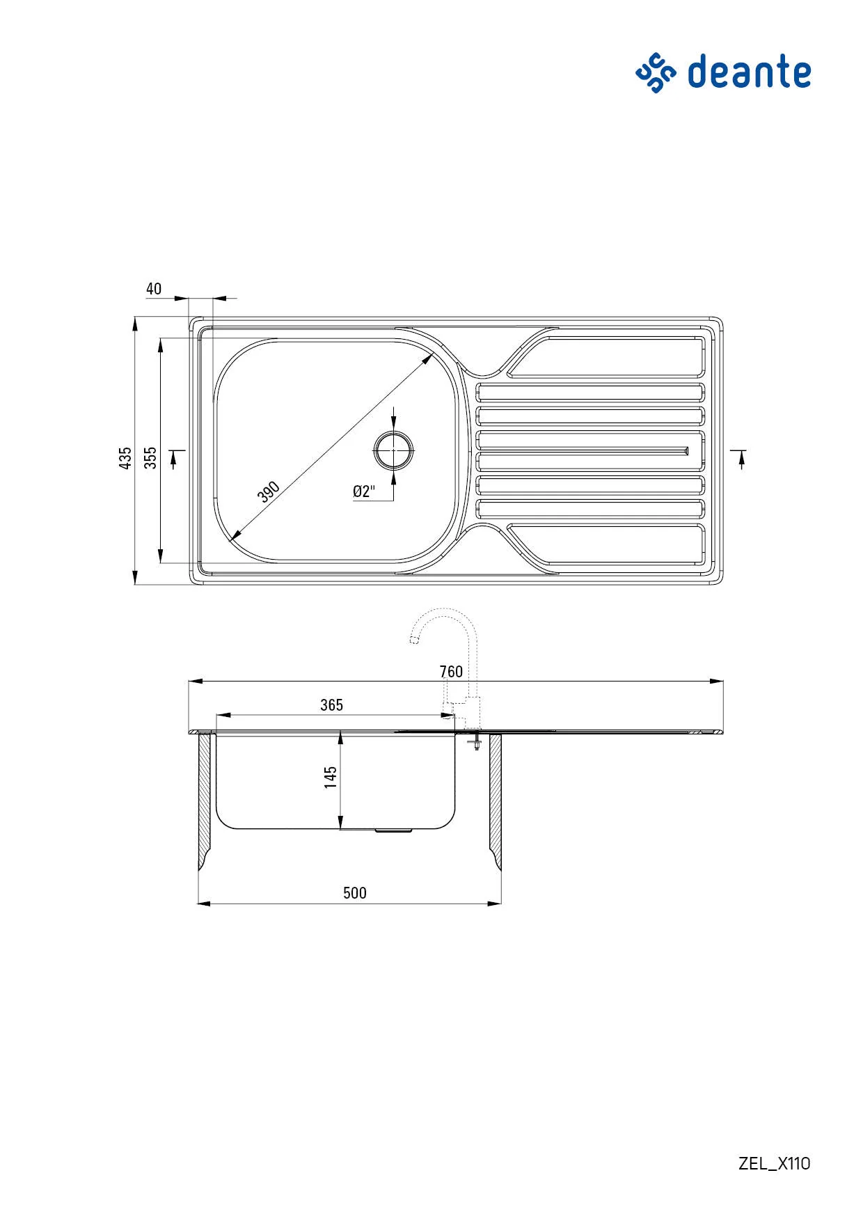 Legato Steel sink 1-bowl with drainer - 2" drain - Image 2