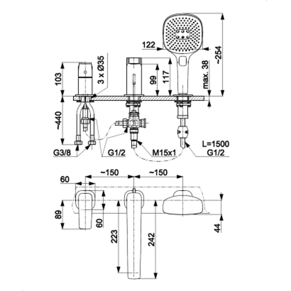 Malaga 3-Hole Deck Mounted Bath Mixer - Image 8