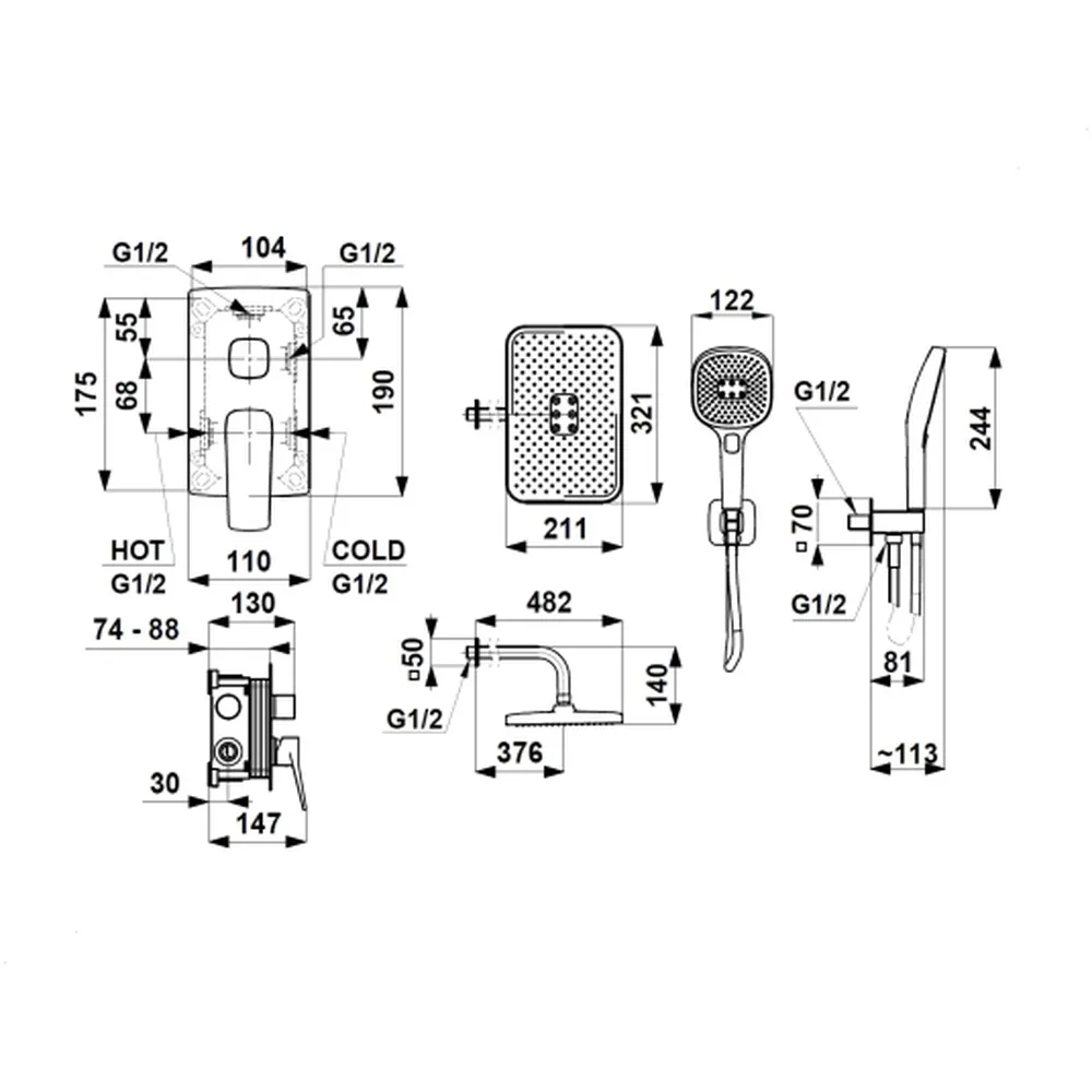 Malaga Wall-Mounted Concealed Shower Mixer with Handset - Image 3