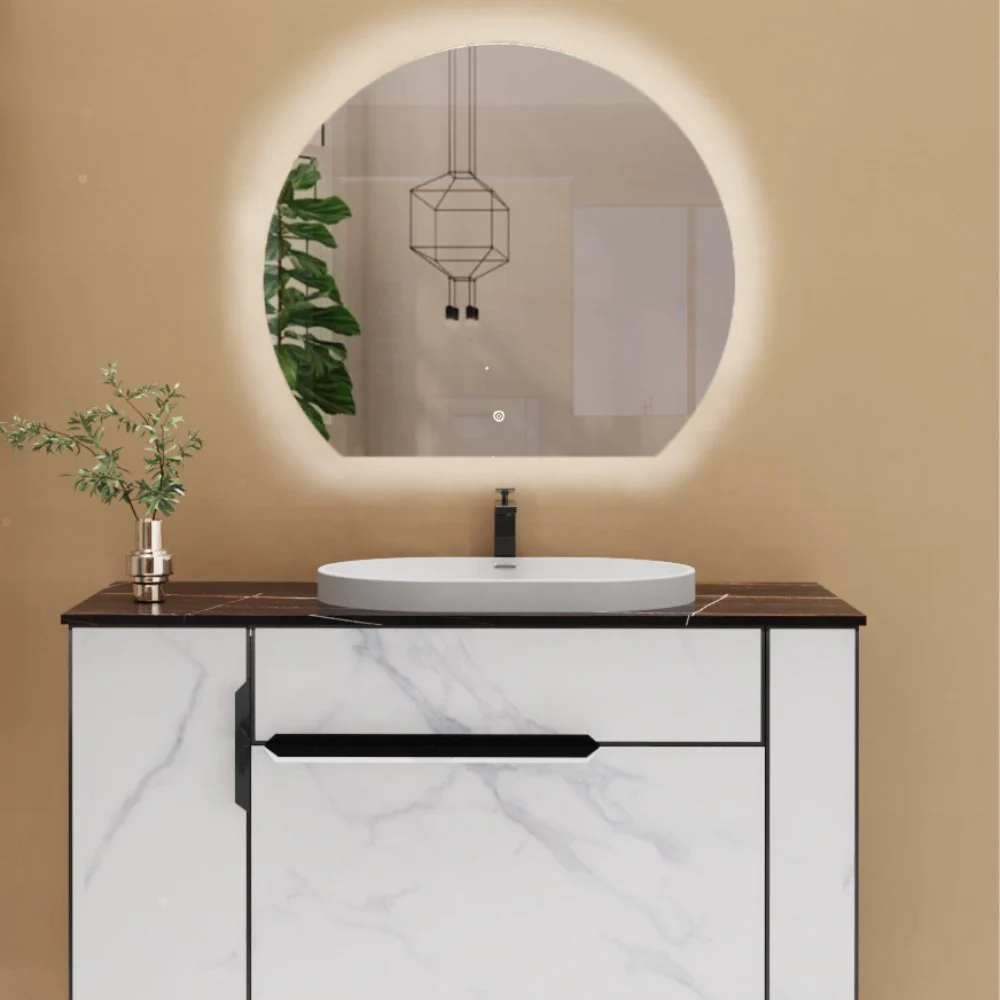 Olive Semi-Circle LED Touch Bathroom Mirror with Demister - Image 2