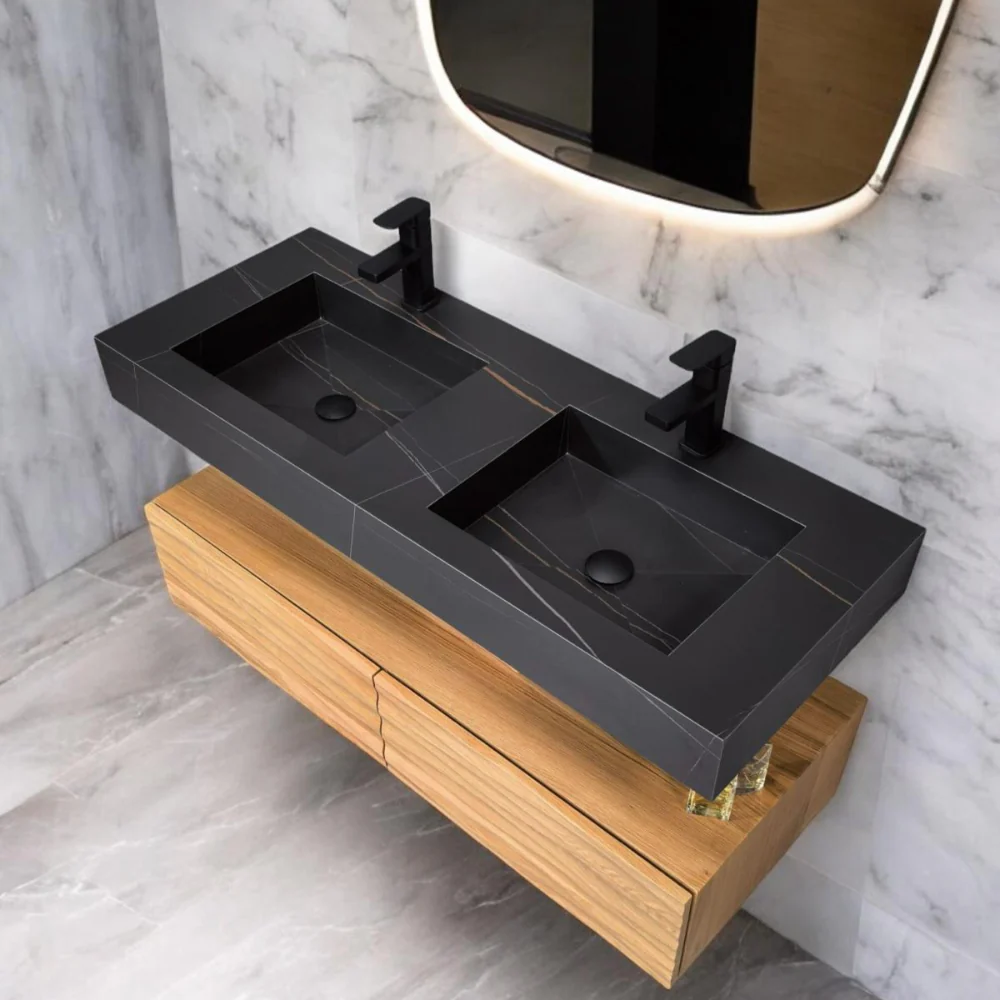 1200mm Sintered Stone Basin with Oak Cabinet & Water Wave Texture Drawer Panel - Image 3